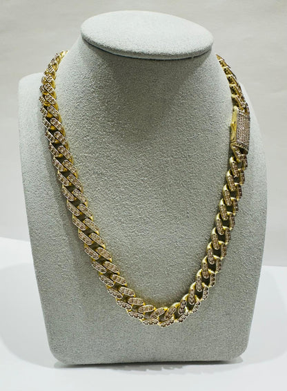 14K GOLD CUBAN LINK CHAIN NECKLACE WITH WHITE SAPPHIRE- 44.8gm     18"