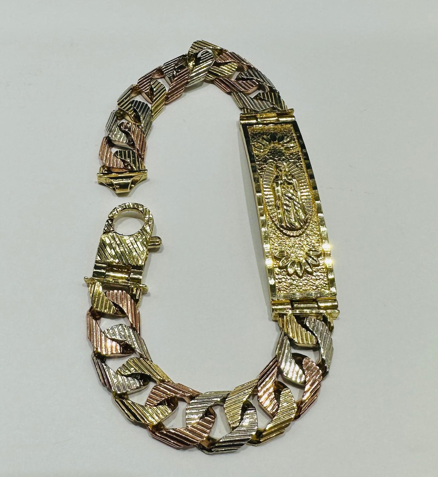 10K GOLD VIRGIN MARY THREE-TONED CUBAN LINK CHAIN ID BRACELET- 40.3gm    8.5"