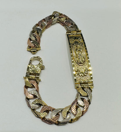 10K GOLD VIRGIN MARY THREE-TONED CUBAN LINK CHAIN ID BRACELET- 40.3gm    8.5"