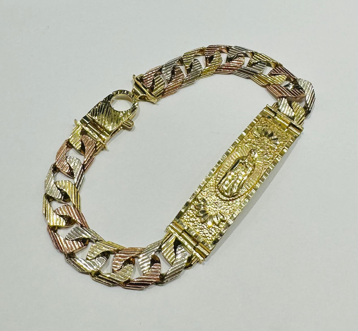 10K GOLD VIRGIN MARY THREE-TONED CUBAN LINK CHAIN ID BRACELET- 40.3gm    8.5"