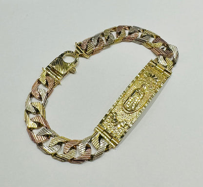 10K GOLD VIRGIN MARY THREE-TONED CUBAN LINK CHAIN ID BRACELET- 40.3gm    8.5"