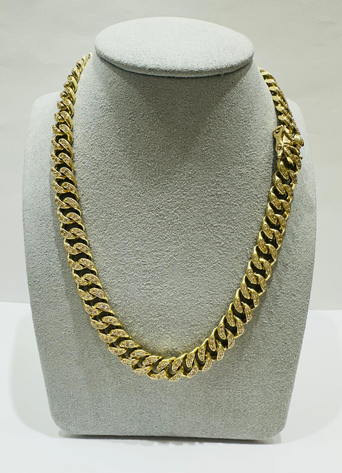 10K GOLD MIAMI CUBAN LINK CHAIN WITH WHITE SAPPHIRE-  74.7gm    20"     8.75mm