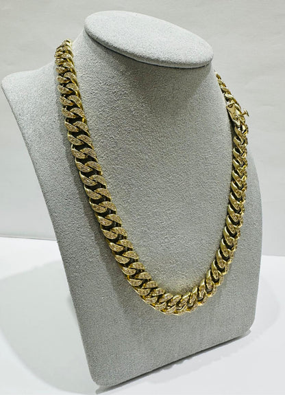 10K GOLD MIAMI CUBAN LINK CHAIN WITH WHITE SAPPHIRE-  74.7gm    20"     8.75mm