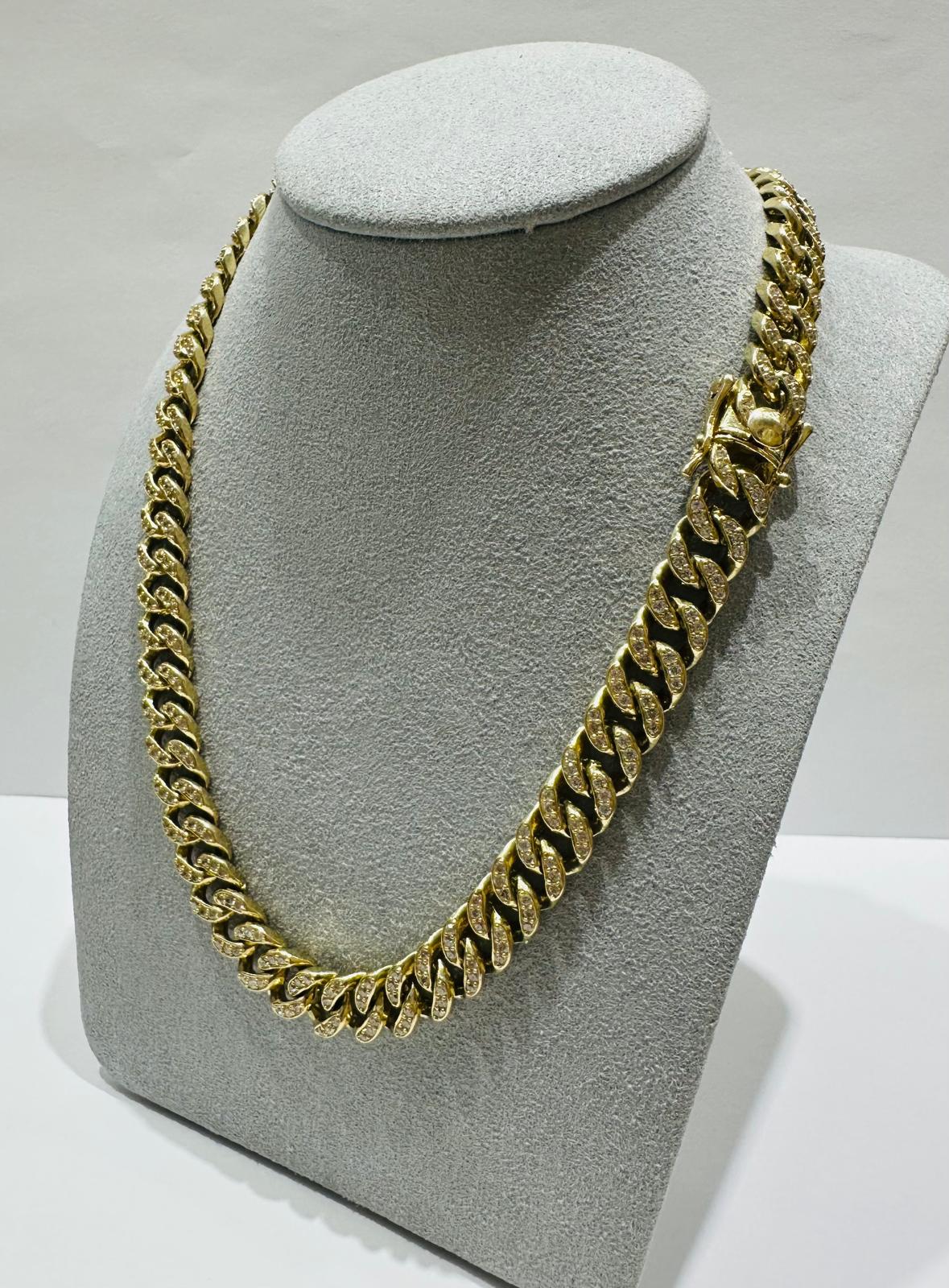 10K GOLD MIAMI CUBAN LINK CHAIN WITH WHITE SAPPHIRE-  74.7gm    20"     8.75mm