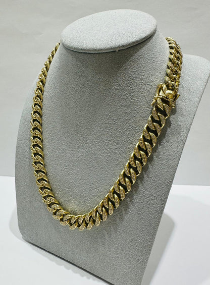 10K GOLD MIAMI CUBAN LINK CHAIN WITH WHITE SAPPHIRE-  74.7gm    20"     8.75mm