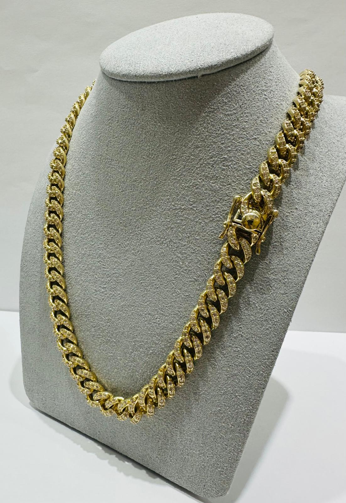 10K GOLD MIAMI CUBAN LINK CHAIN WITH WHITE SAPPHIRE-  85.4gm    20"     8.65mm