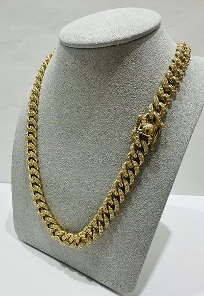 10K GOLD MIAMI CUBAN LINK CHAIN WITH WHITE SAPPHIRE-  85.4gm    20"     8.65mm