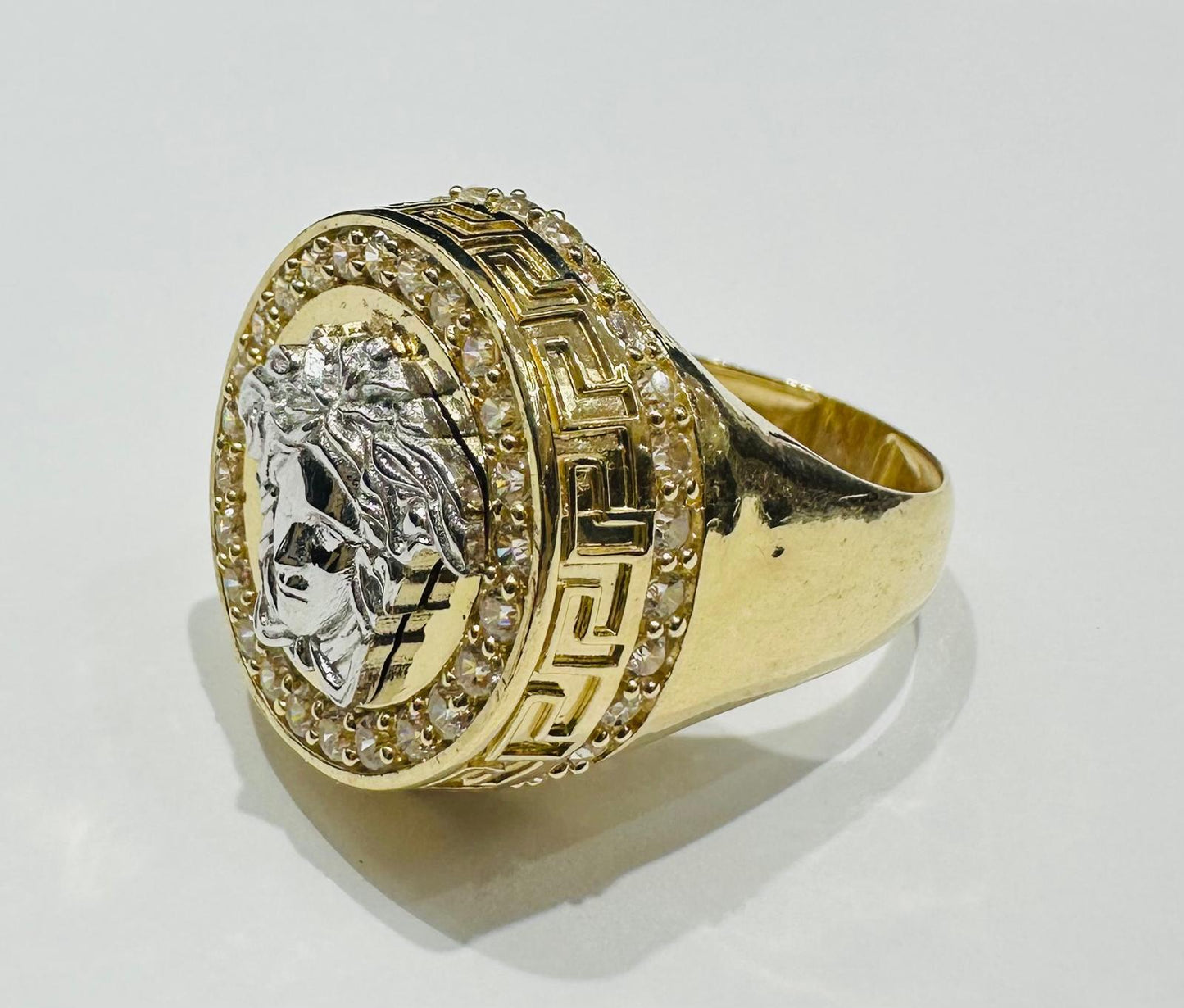 10K GOLD TWO TONED MEDUSA HEAD RING WITH CZ STONES-  5.7gm