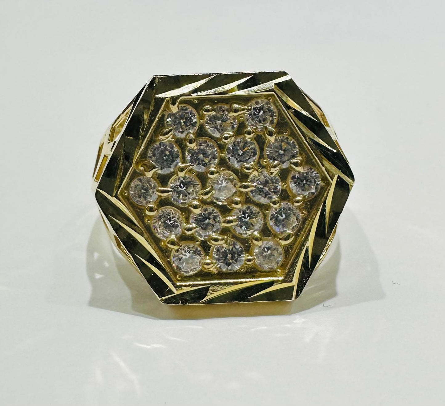 10K GOLD WHITE SAPPHIRE STONE HEXAGON RING- 4.4gm