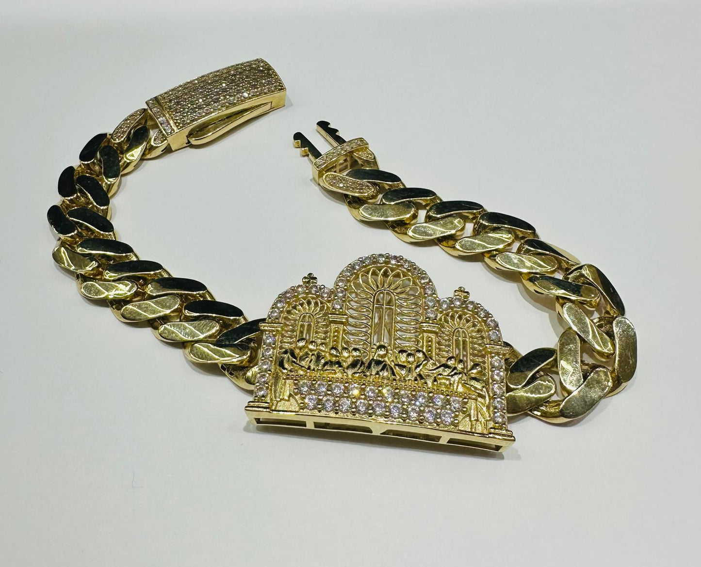 10K GOLD LAST SUPPER WHITE SAPPHIRE BRACELET-  24.6gm    8.5"    12.32mm