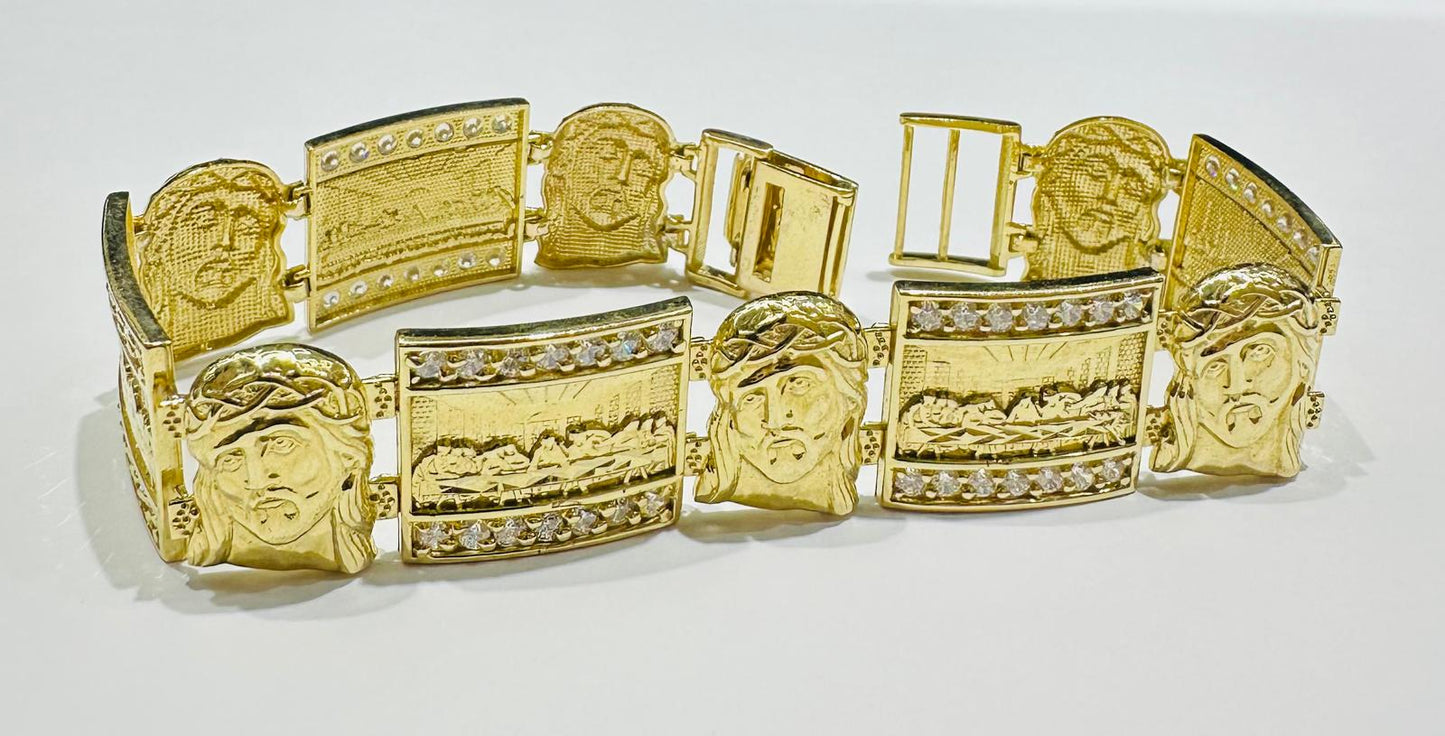 10K GOLD LAST SUPPER JESUS LINK CHAIN BRACELET-  34.3gm    9"    19.40mm