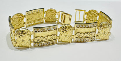 10K GOLD LAST SUPPER JESUS LINK CHAIN BRACELET-  34.3gm    9"    19.40mm