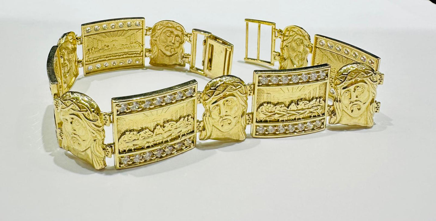 10K GOLD LAST SUPPER JESUS LINK CHAIN BRACELET-  34.3gm    9"    19.40mm