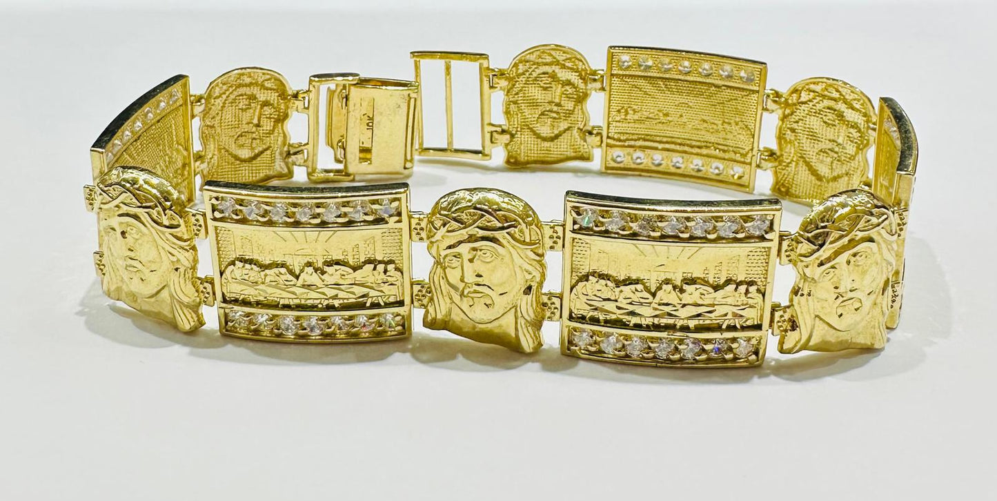 10K GOLD LAST SUPPER JESUS LINK CHAIN BRACELET-  34.3gm    9"    19.40mm