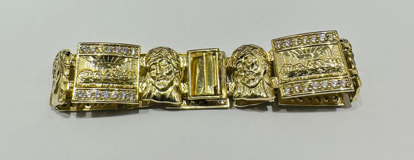 10K GOLD LAST SUPPER JESUS LINK CHAIN BRACELET-  34.3gm    9"    19.40mm