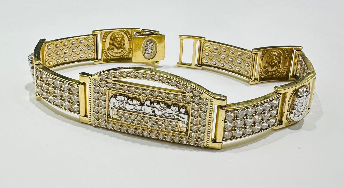 10K GOLD LAST SUPPER JESUS LINK CHAIN BRACELET WITH WHITE SAPPHIRE-  26.00gm    8.5"