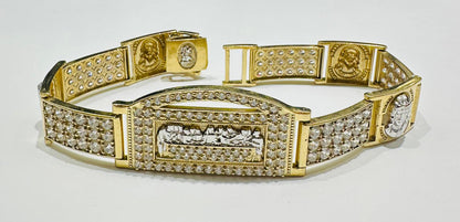 10K GOLD LAST SUPPER JESUS LINK CHAIN BRACELET WITH WHITE SAPPHIRE-  26.00gm    8.5"