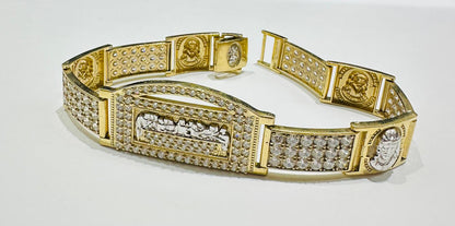 10K GOLD LAST SUPPER JESUS LINK CHAIN BRACELET WITH WHITE SAPPHIRE-  26.00gm    8.5"