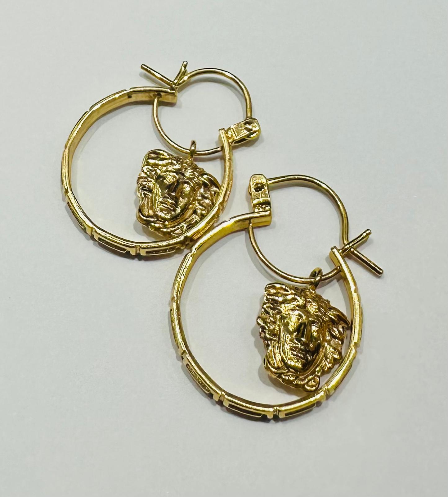 10K GOLD ROUND VERSACE MEDUSA HEAD HOOP EARRINGS- 4.2gm