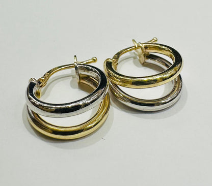 10K GOLD ROUND TWO TONED HOOP EARRINGS- 1.8gm