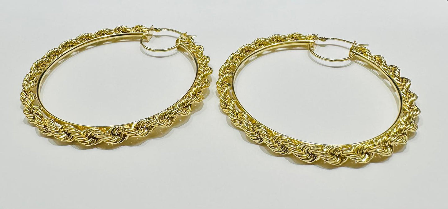 10K GOLD ROPE ROUND HOOP EARRINGS- 8.4gm
