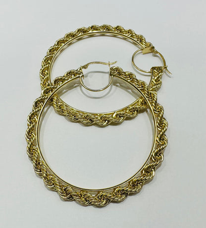 10K GOLD ROPE ROUND HOOP EARRINGS- 8.4gm