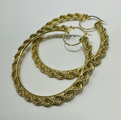 10K GOLD ROPE ROUND HOOP EARRINGS- 8.4gm