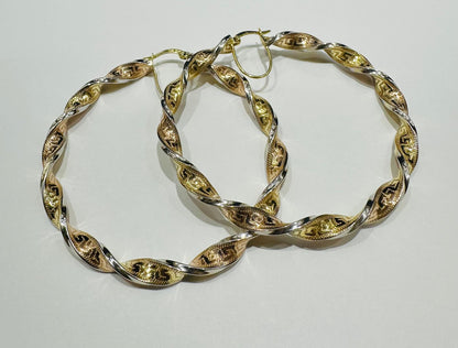 10K GOLD ROUND TRI COLOUR SPIRAL HOOP EARRINGS- 7.8gm