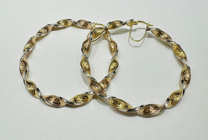 10K GOLD ROUND TRI COLOUR SPIRAL HOOP EARRINGS- 7.8gm