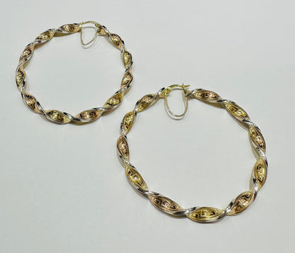 10K GOLD ROUND TRI COLOUR SPIRAL HOOP EARRINGS- 7.8gm