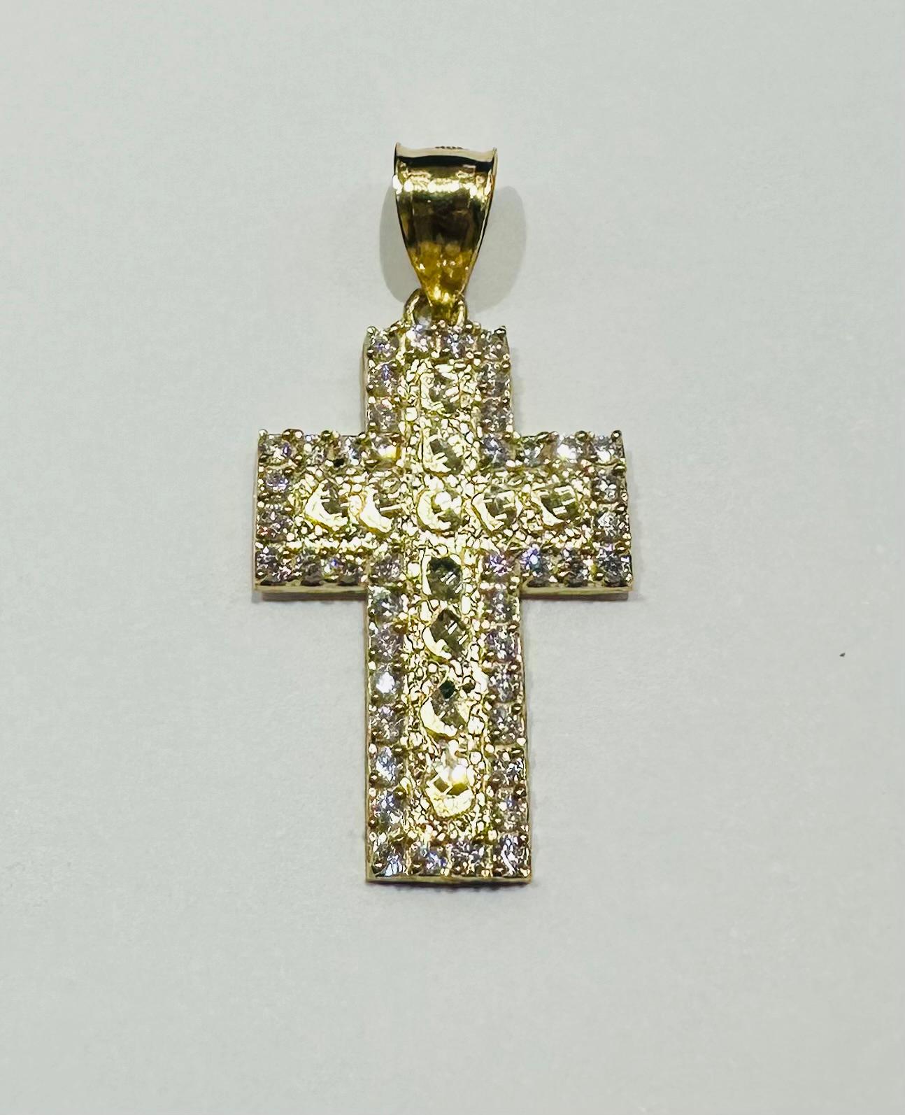 10K GOLD CROSS NUGGET PENDANT WITH WHITE SAPPHIRE- WEIGHT: 3.3gm