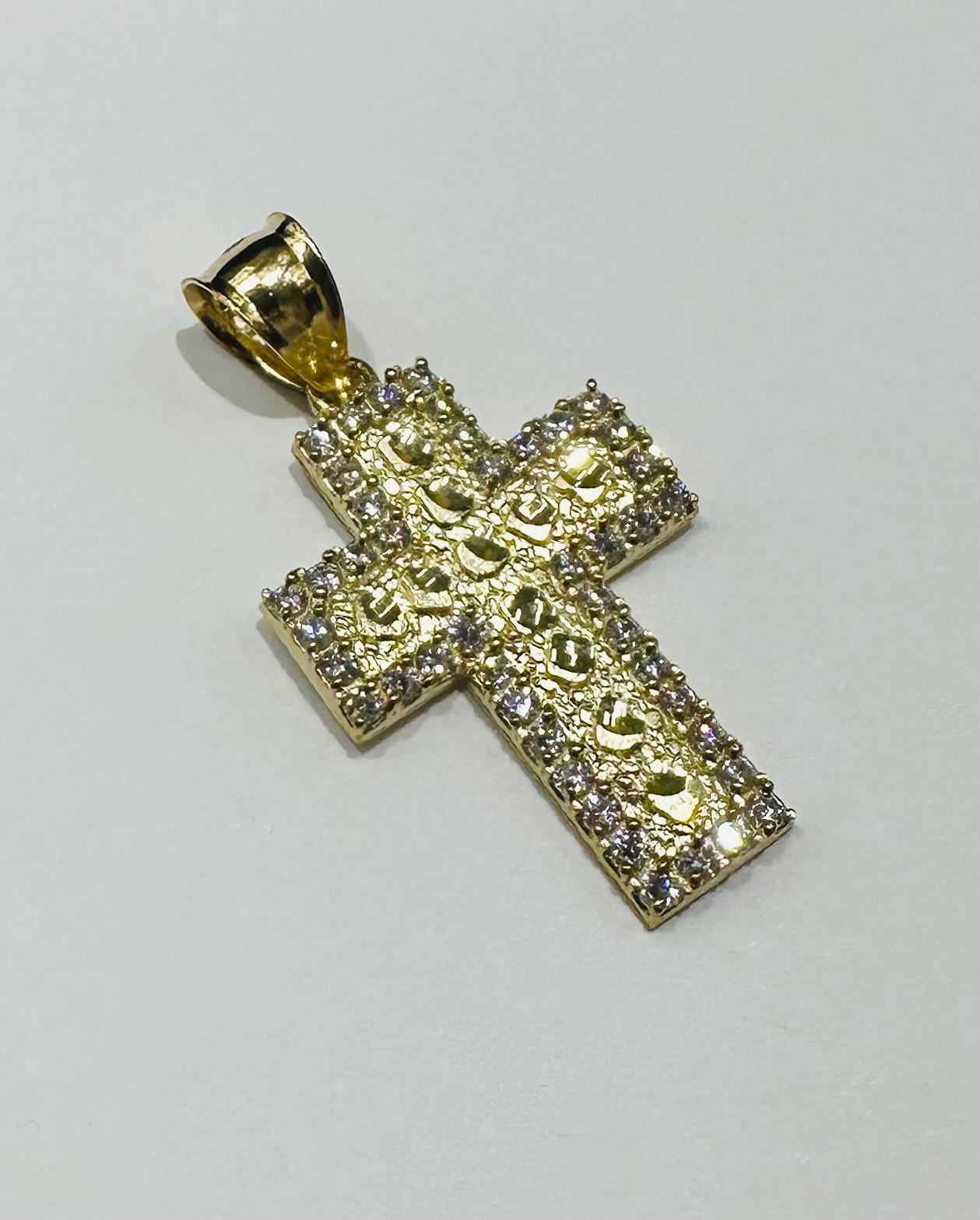 10K GOLD CROSS NUGGET PENDANT WITH WHITE SAPPHIRE- WEIGHT: 3.3gm