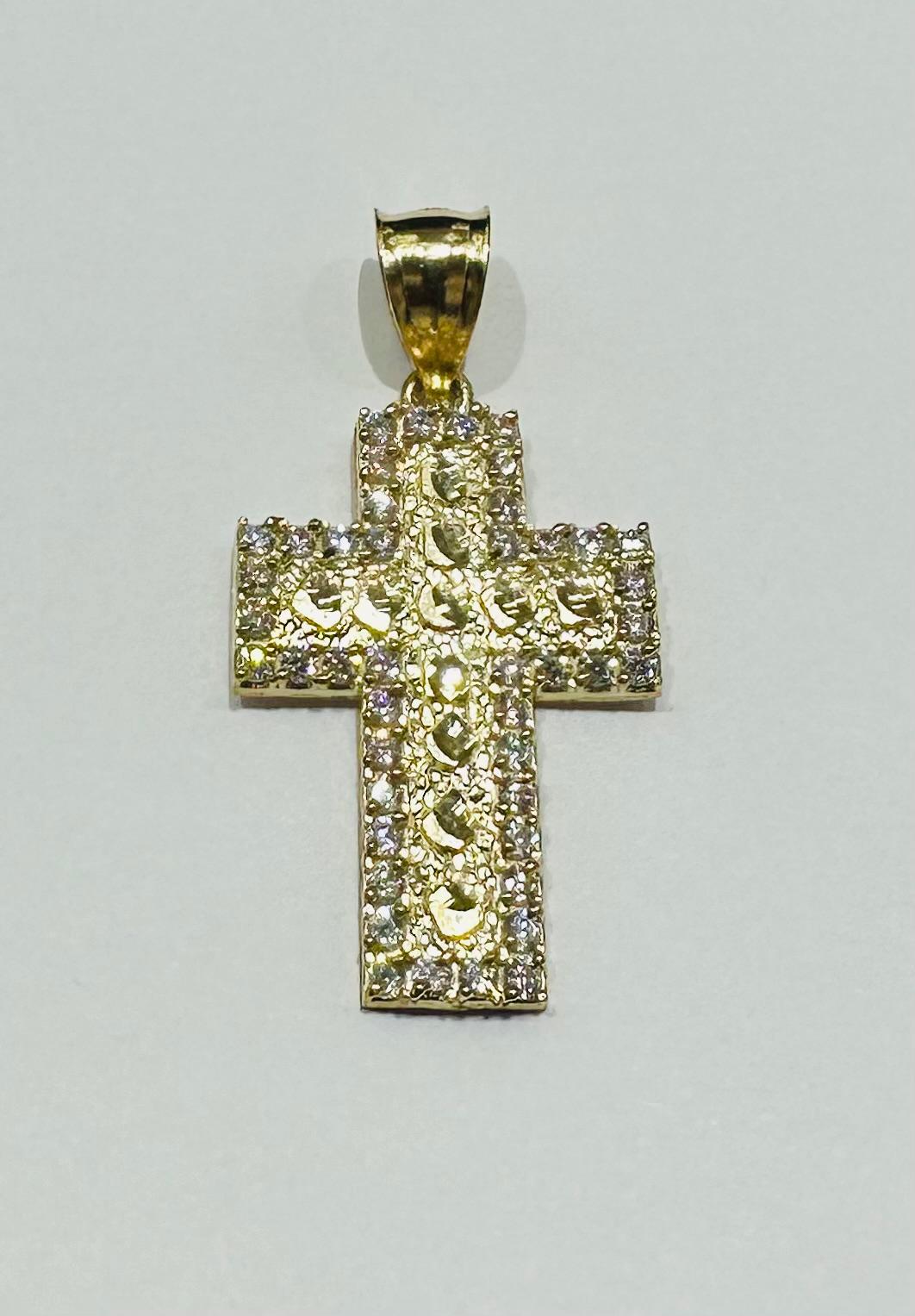 10K GOLD CROSS NUGGET PENDANT WITH WHITE SAPPHIRE- WEIGHT: 3.3gm