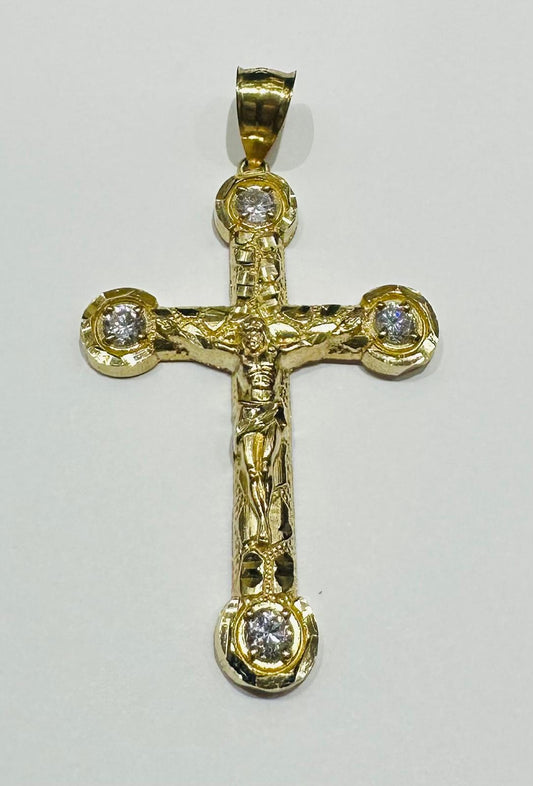 10K GOLD CROSS JESUS PENDANT WITH WHITE SAPPHIRE- WEIGHT: 4.8gm