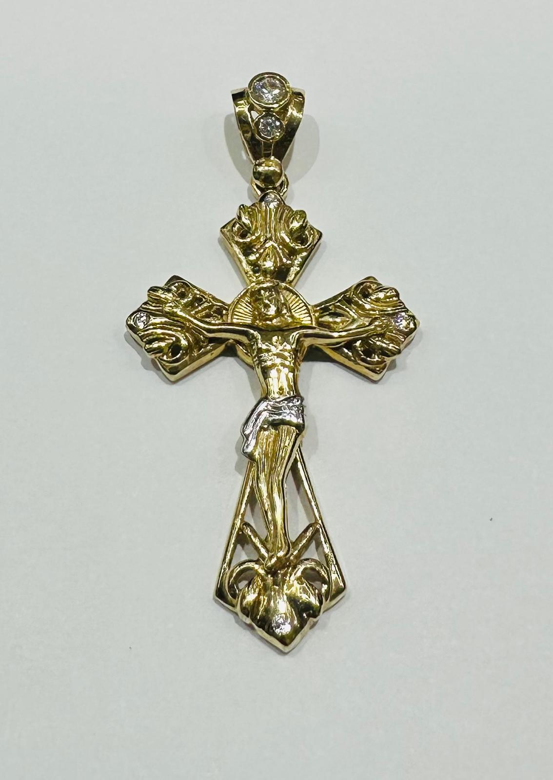 10K GOLD CROSS JESUS PENDANT WITH WHITE SAPPHIRE- WEIGHT: 9.0gm