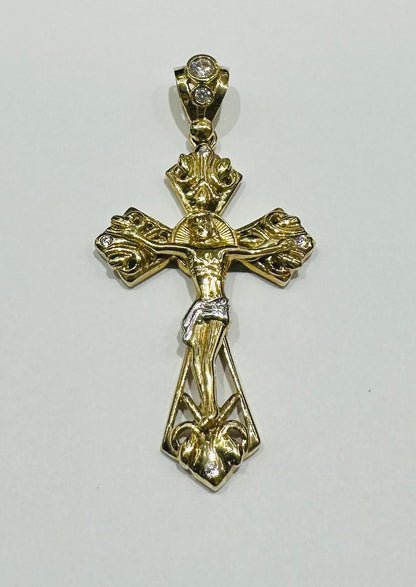 10K GOLD CROSS JESUS PENDANT WITH WHITE SAPPHIRE- WEIGHT: 9.0gm