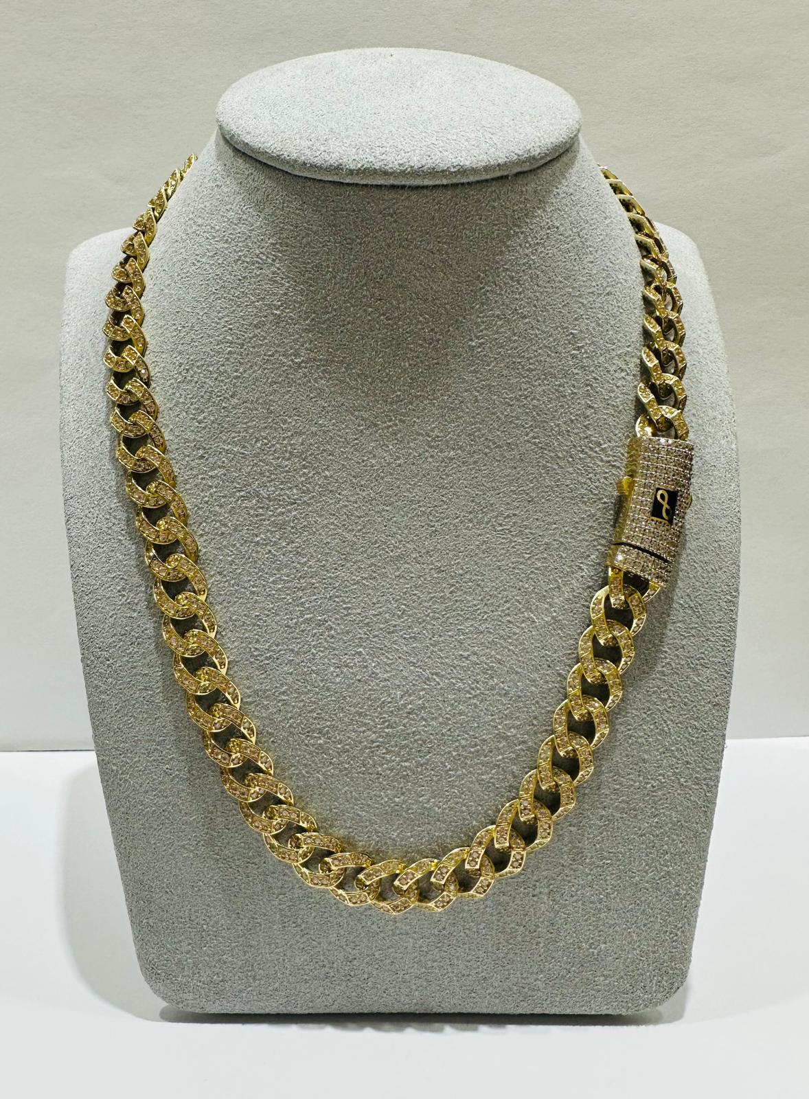 10K GOLD MIAMI CUBAN LINK CHAIN NECKLACE WITH WHITE SAPPHIRE- 31.4gm   16"   8.52mm