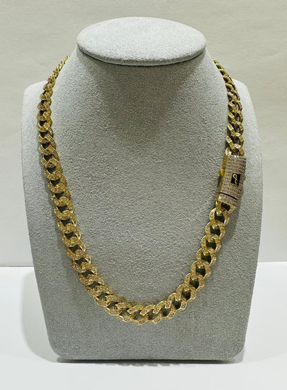 10K GOLD MIAMI CUBAN LINK CHAIN NECKLACE WITH WHITE SAPPHIRE- 31.4gm   16"   8.52mm