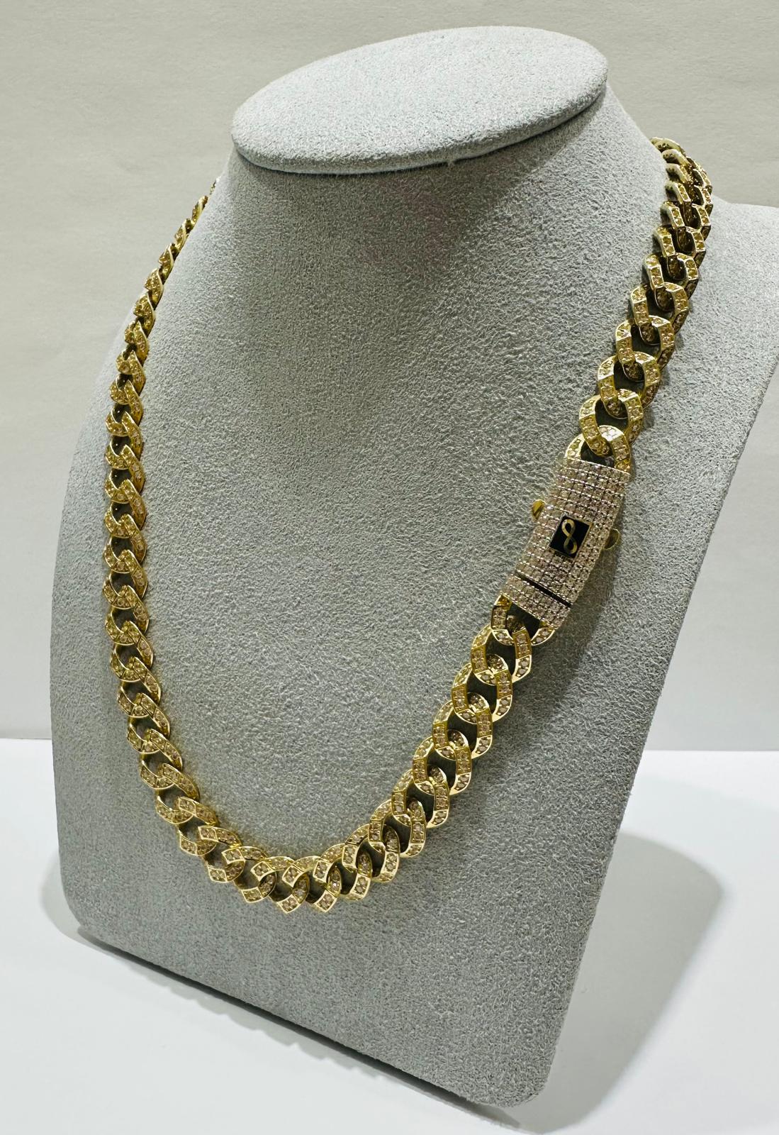 10K GOLD MIAMI CUBAN LINK CHAIN NECKLACE WITH WHITE SAPPHIRE- 31.4gm   16"   8.52mm