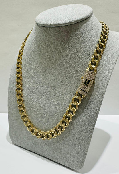 10K GOLD MIAMI CUBAN LINK CHAIN NECKLACE WITH WHITE SAPPHIRE- 31.4gm   16"   8.52mm