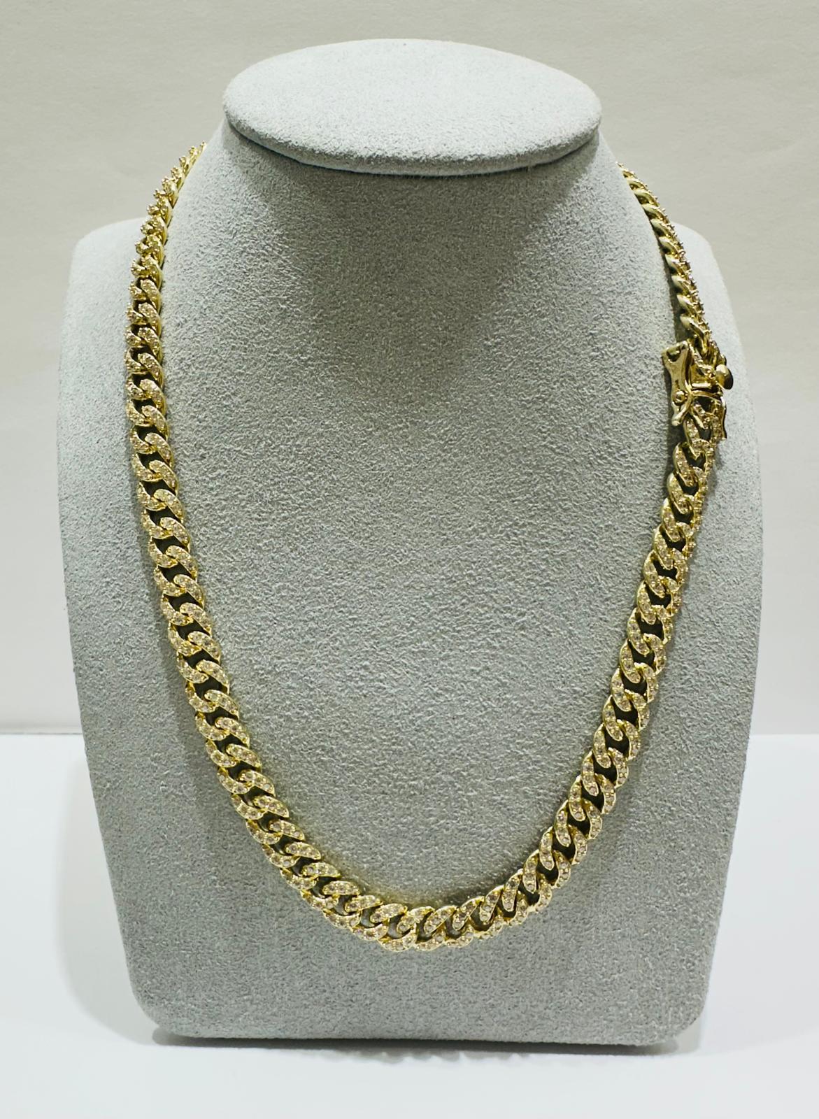 10K GOLD MIAMI CUBAN LINK CHAIN NECKLACE WITH WHITE SAPPHIRE- 49.3gm   20"   7.00mm