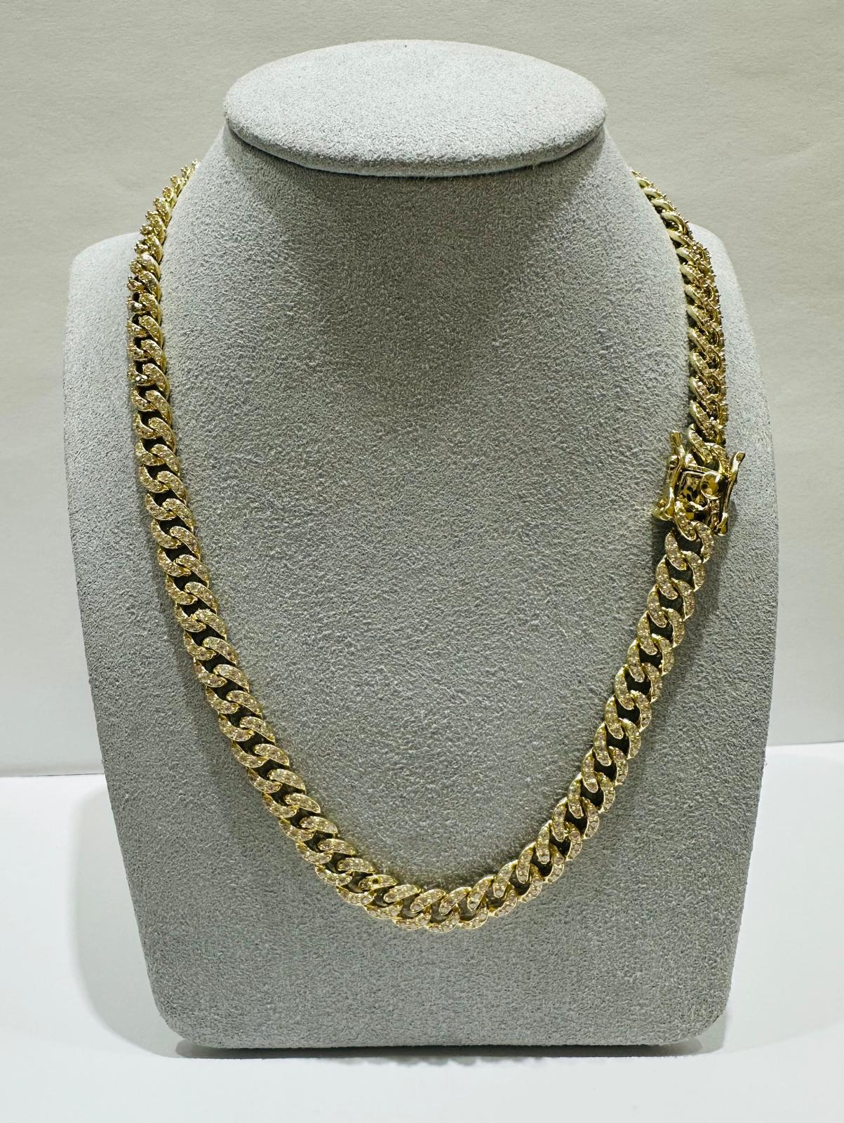 10K GOLD MIAMI CUBAN LINK CHAIN NECKLACE WITH WHITE SAPPHIRE- 44.3gm   18"   6.75mm