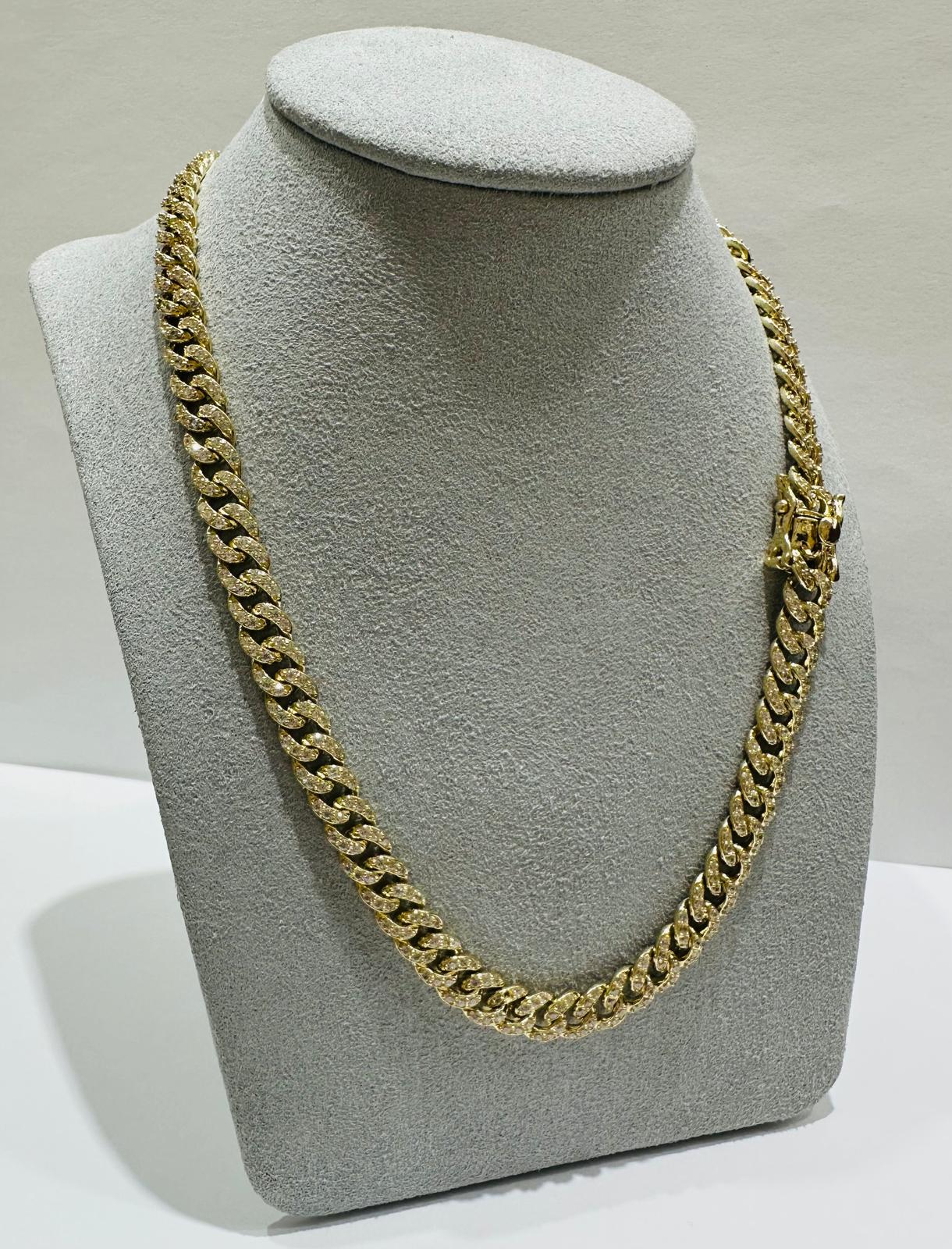 10K GOLD MIAMI CUBAN LINK CHAIN NECKLACE WITH WHITE SAPPHIRE- 44.3gm   18"   6.75mm