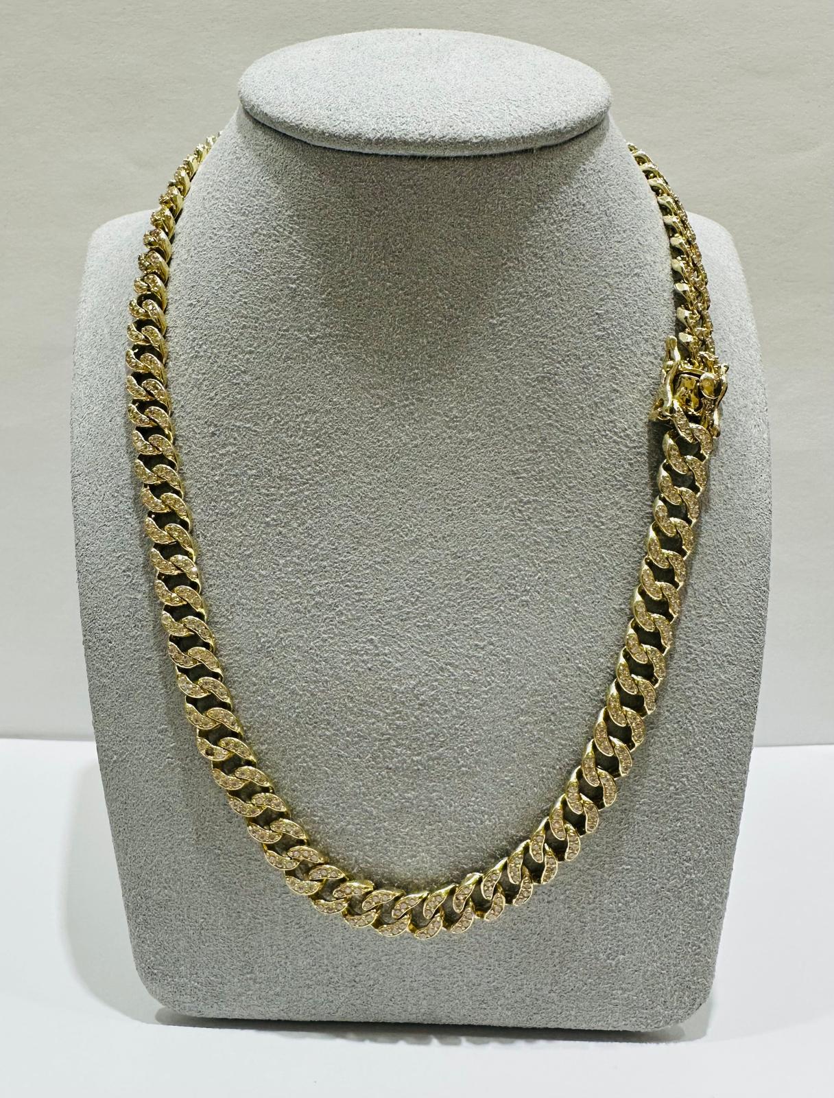 10K GOLD MIAMI CUBAN LINK CHAIN NECKLACE WITH WHITE SAPPHIRE- 48.6gm   20"   7.15mm