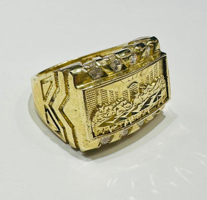 10K GOLD LAST SUPPER RING WITH WHITE SAPPHIRE- WEIGHT: 11.5gm