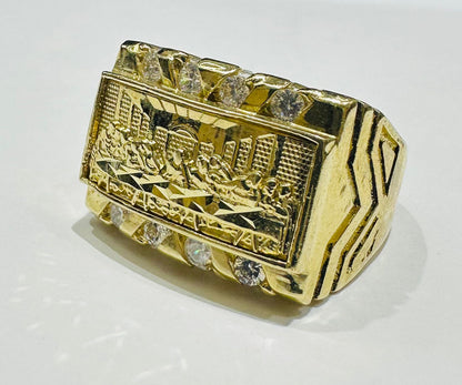 10K GOLD LAST SUPPER RING WITH WHITE SAPPHIRE- WEIGHT: 11.5gm