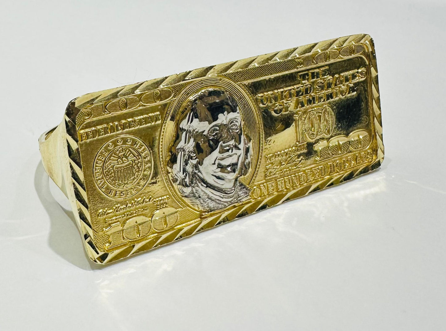 10K GOLD TWO FINGER HUNDER DOLLAR BILL RING- WEIGHT: 14.5gm