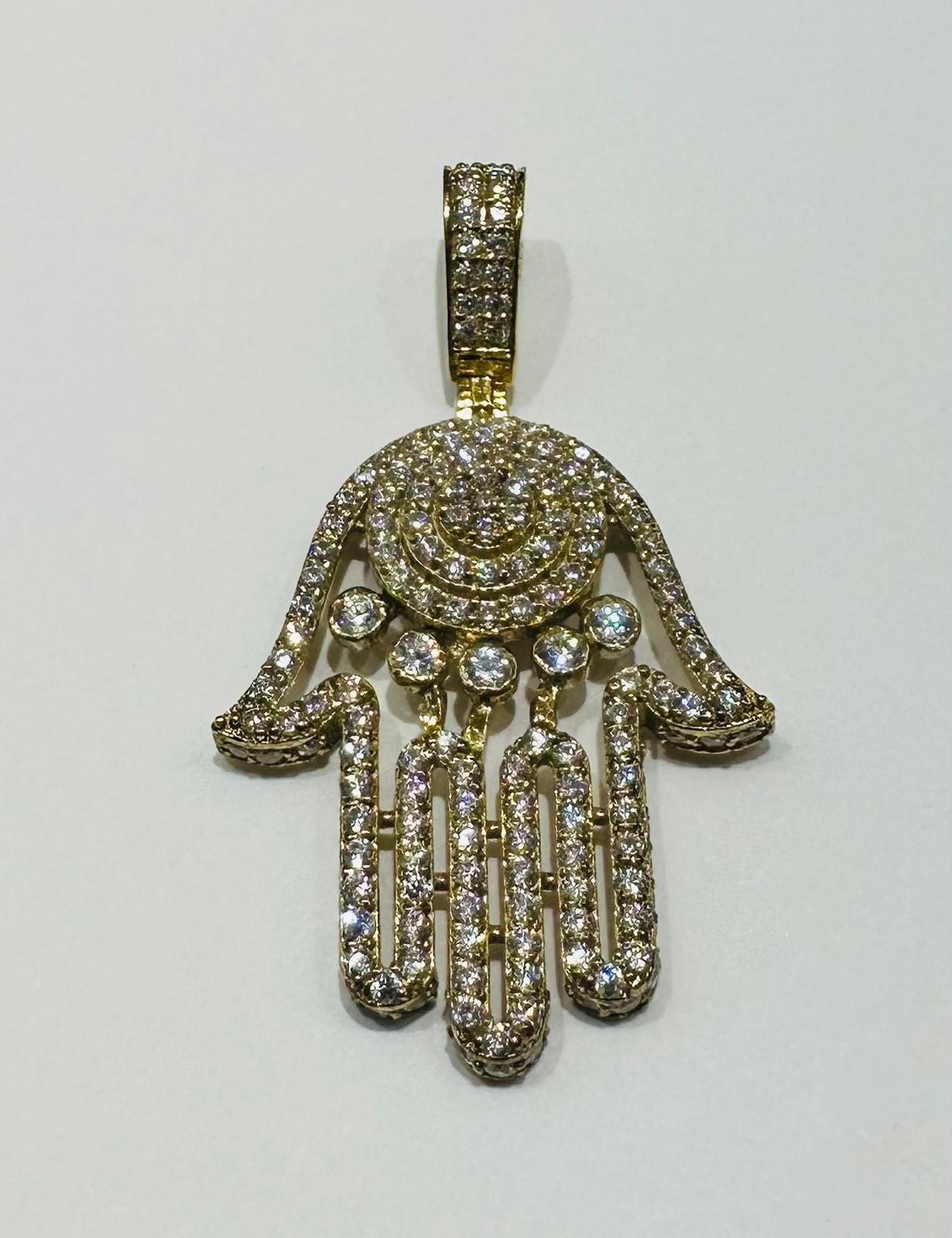 10K GOLD HAMSA PENDANT WITH WHITE SAPPHIRE- WEIGHT:  3.6gm