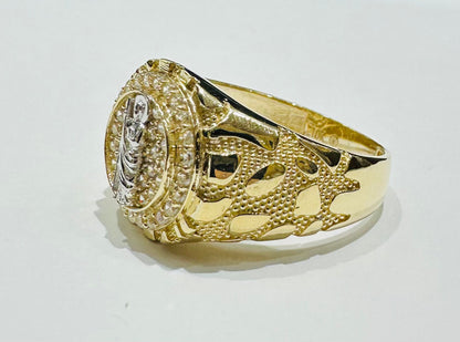 10K GOLD SAINT JUDE NUGGET RING WITH WHITE SAPPHIRE- WEIGHT: 4.3gm