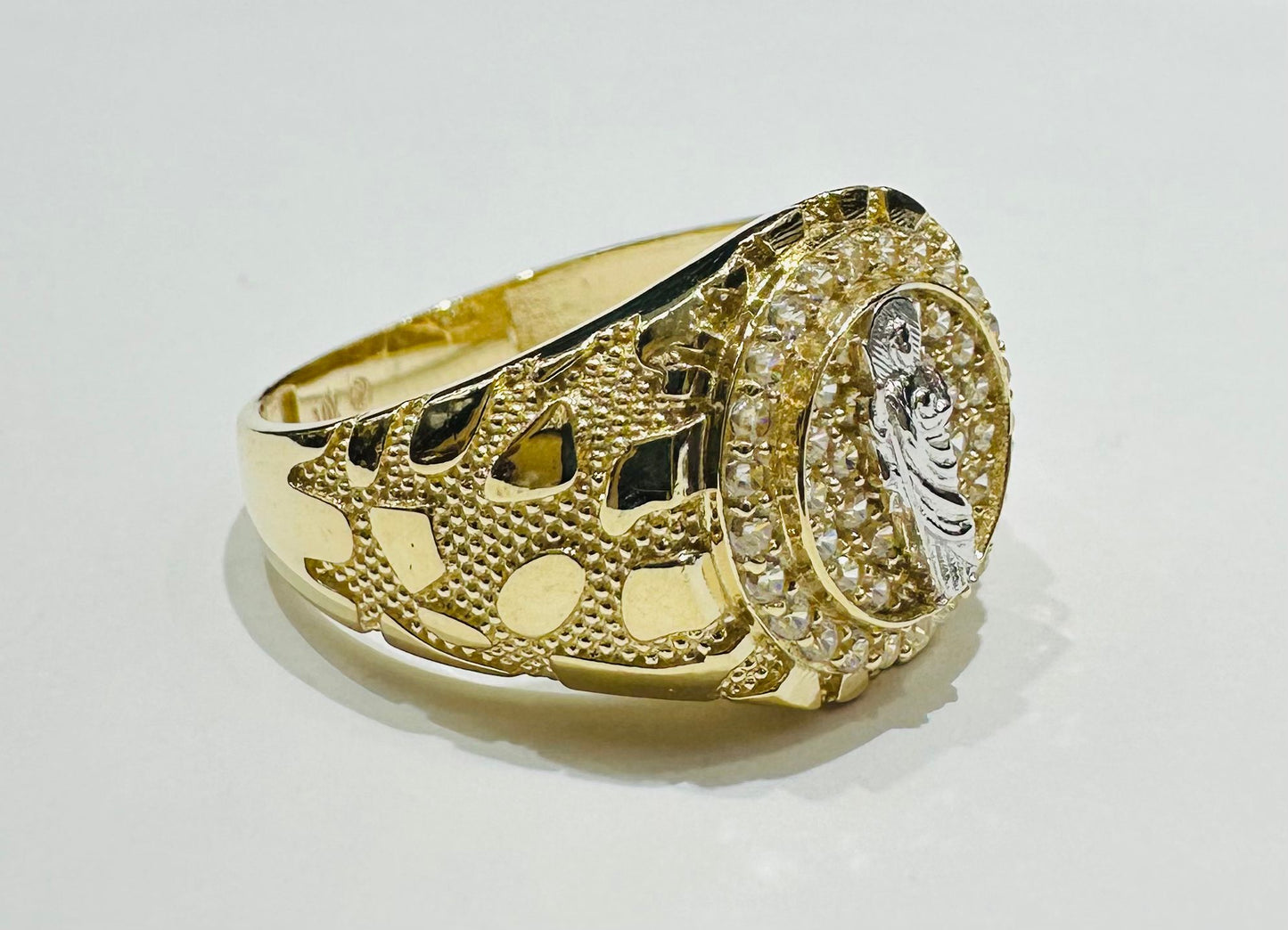 10K GOLD SAINT JUDE NUGGET RING WITH WHITE SAPPHIRE- WEIGHT: 4.3gm